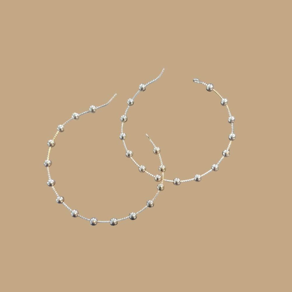 2" Large Lightweight Silver Tone Beaded Hoop Earrings